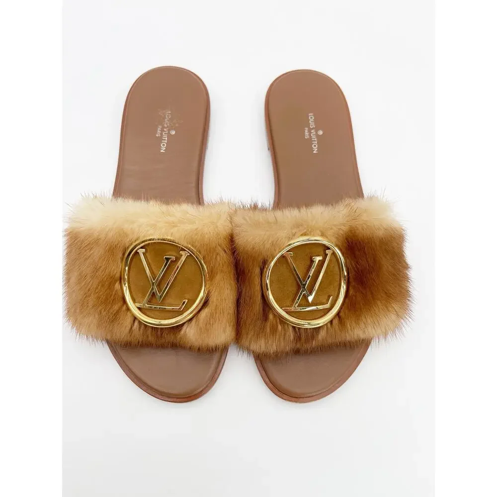 Louis Vuitton Camel Mink Fur Gold LV Logo Lock It Flat Slide Mule Sandals EU 36